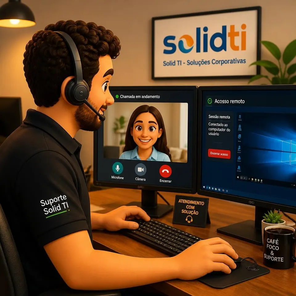 Técnico da Solid TI em atendimento de service desk, ajudando um cliente por videochamada e acesso remoto