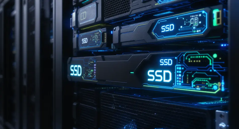 Discos SSD de alto desempenho em um rack de servidores