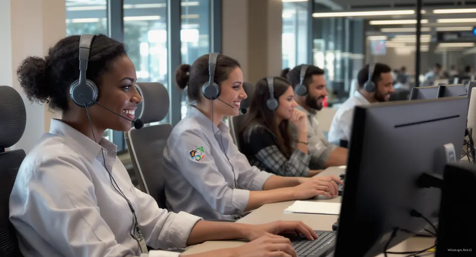 Equipe de suporte técnico com headsets e computadores